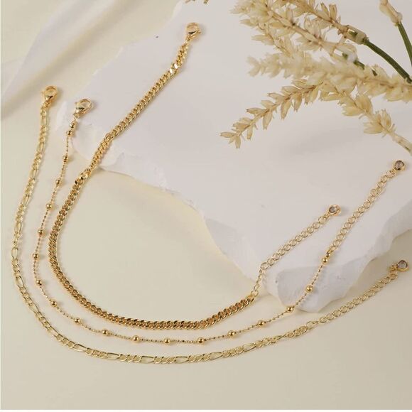 Gold 14k Gold Plated 3pc Chain Anklets - Picture 3 of 3